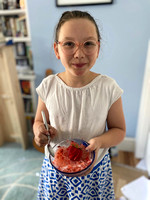 06_05b Izzy Celebrating Summer with Strawberry Shaved Ice, Piano Playing, Summer Art Classes, Summer Reading, and Quarantine Gelato Celebrating Summer